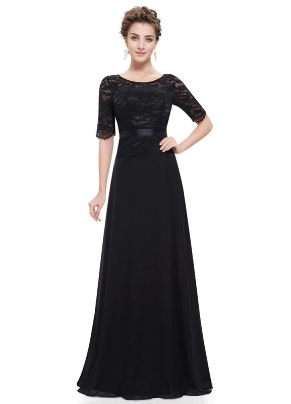 Black Evening Dresses Lace Applique Mother Of The Bride Dresses Chiffon Jewel Neck Half Sleeve A Line Floor Length Wedding Guest Dresses Tunics Chic elegant