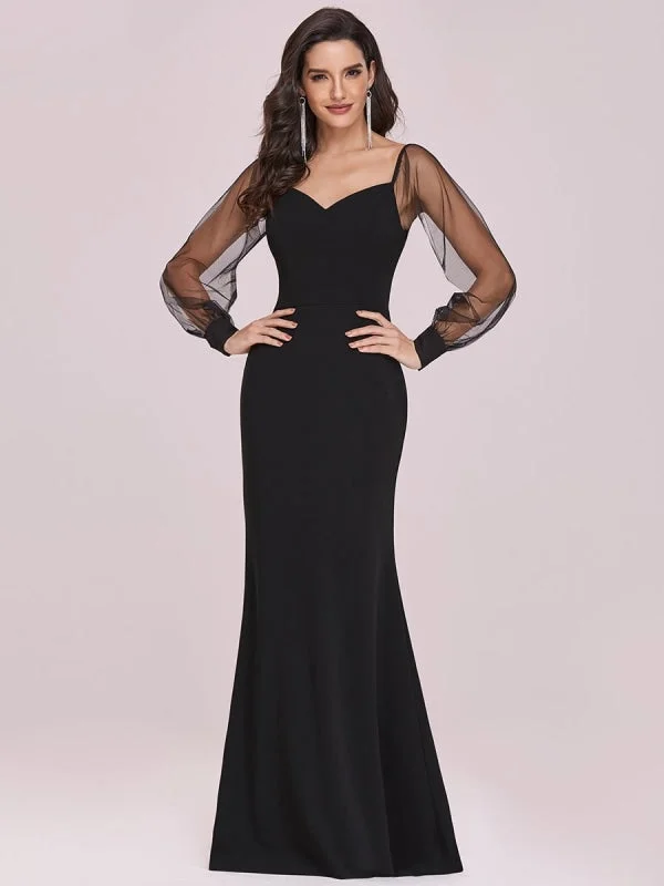 Black Prom Dress Mermaid V-Neck Satin Fabric Long Sleeves Backless Tulle Satin Fabric Party Dresses Peplum Ruffle Cocktail