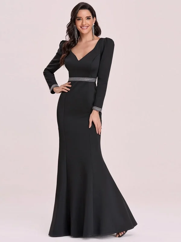 Black Prom Dress Satin Fabric V-Neck Mermaid Long Sleeves Sash Floor-Length Evening Dresses Tunics Sophisticated sleek