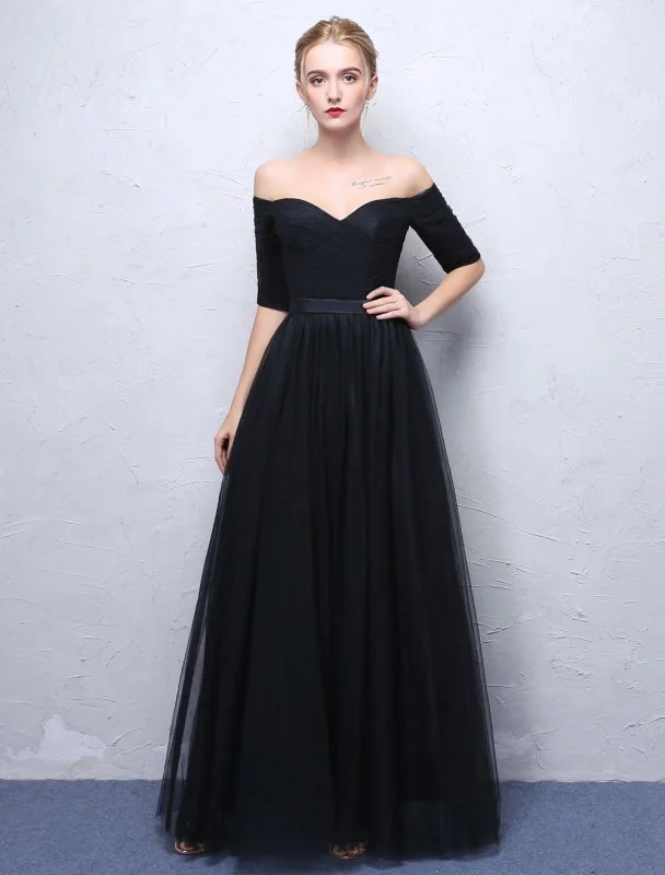 Black Prom Dresses 2021 Long Off The Shoulder Evening Dress Half Sleeve Pleated Maxi Formal Gowns Tunics Winter warm