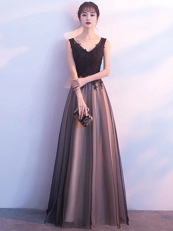 Black Prom Dresses Long V Neck Lace Tulle Sleeveless A Lien Floor Length Formal Evening Dress Tunics Cozy comfortable