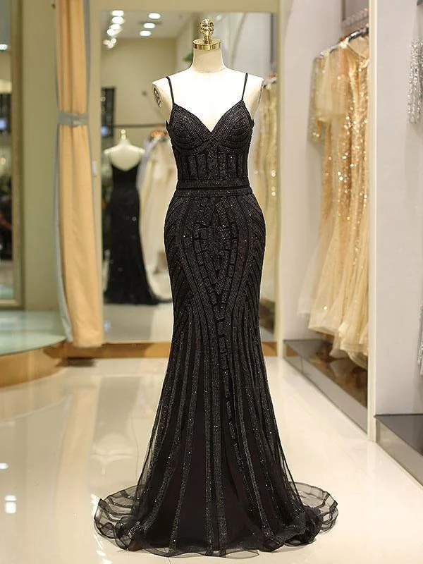 Black Prom Dresses Mermaid Luxury Heavy Beaded Straps Long Formal Evening Dress Satin Halter Glamorous