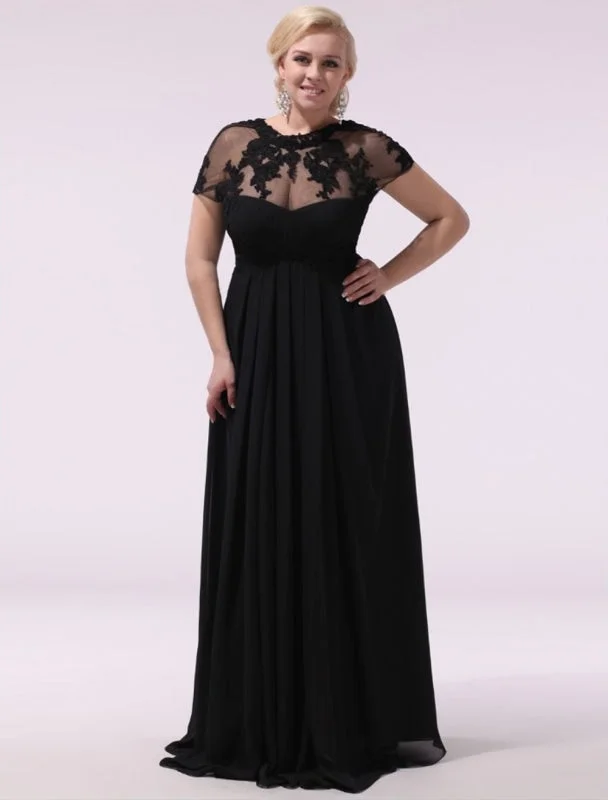 Black Prom Dresses Plus Size Evening Dress Chiffon Lace Applique Illusion Short Sleeves Floor Length Wedding Guest Dress Milanoo Tunics Custom made