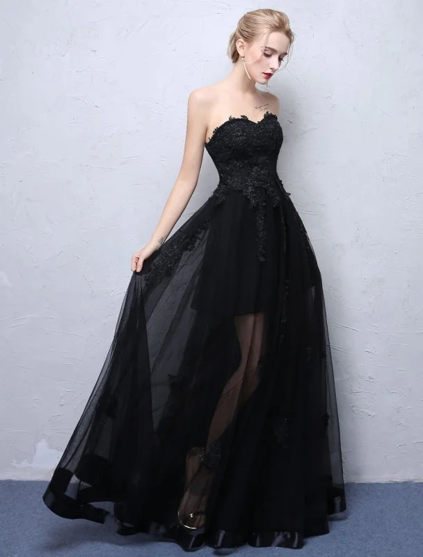 Black Prom Dresses Strapless Long Party Dress Lace Applique Sweetheart Illusion Formal Evening Dress Tunics Velvet soft