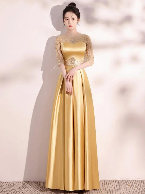 Blond Evening Dress A-Line Jewel Neck Half Sleeves Lace-Up Sequined Floor-Length Social Pageant Dresses Tunics Formal black