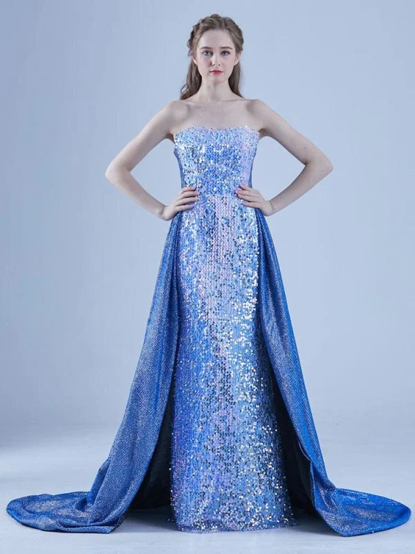 Blue Evening Dress A-Line Strapless Sweep Lace-Up Sequined Social Long Party Dresses Tunics Floral girly