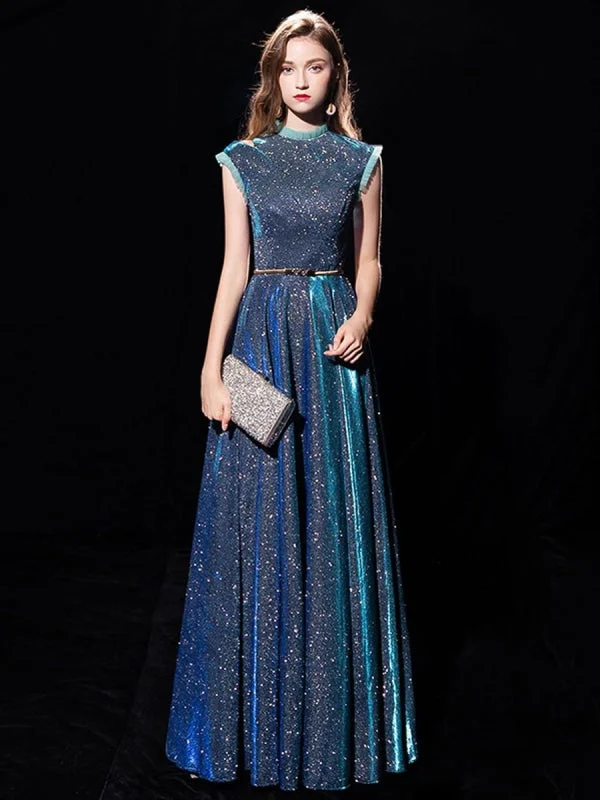 Blue Evening Dress Ball Gown Jewel Neck Sequined Floor-Length Sash Formal Party Dresses Tunics Party sparkling