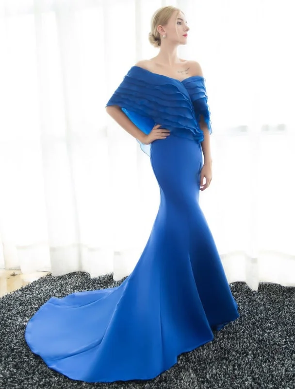 Blue Evening Dresses Off Shoulder Mermaid Evening Gown Pleated Satin Formal Dress With Train Wedding Guest Dress Off-the-shoulder Chic Trendy