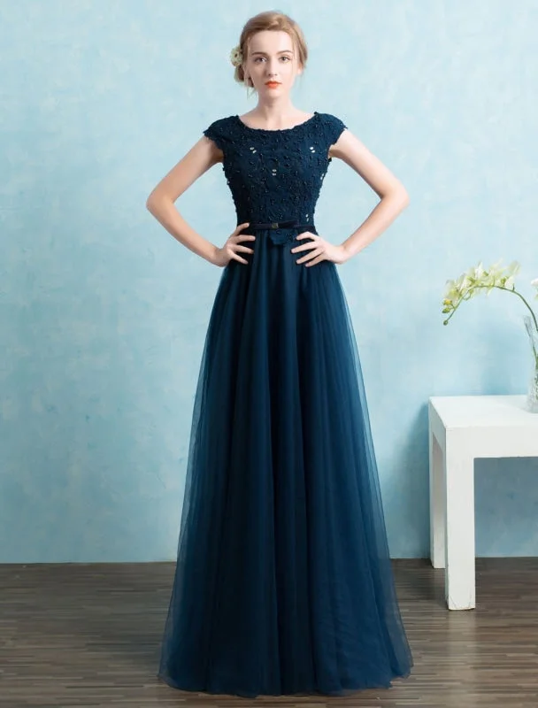 Blue Prom Dress 2021 Long Tulle Beading Evening Dresses Dark Navy Backless Floor Length Party Dresses Wedding Guest Dress Tunics Stylish modern