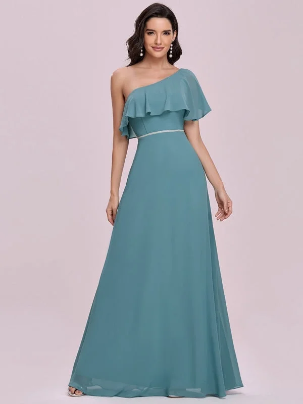 Blue Prom Dress A-Line One Shoulder Sleeveless Backless Ruffles Chiffon Evening Dresses Tunics Fall fleece