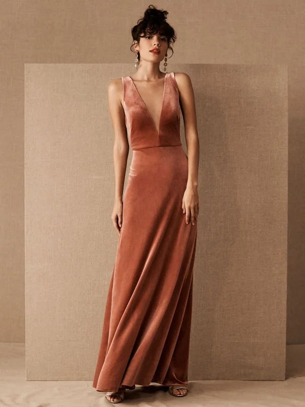 Brown Evening Dress A-Line V-Neck Floor-Length Sleeveless Zipper Velour Formal Dinner Dresses Tunics Gym athletic