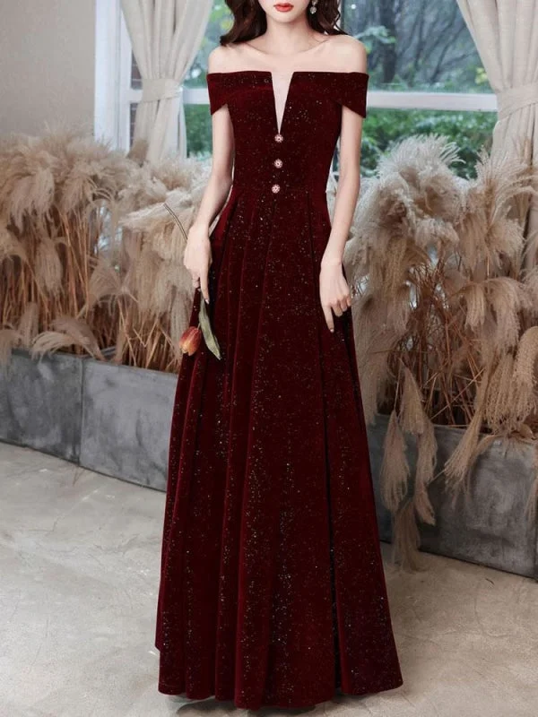 Burgundy Evening Dress A-Line Bateau Neck Short Sleeve Lace Up Buttons Korean Velvet Floor Length Formal Party Dresses Tunics Polka dots