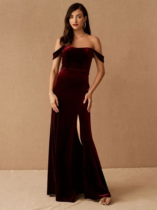 Burgundy Evening Dress A-Line Bateau Neck Short Sleeves Zipper Front Velour Split Floor-Length Formal Party Dresses Tunics Business professional