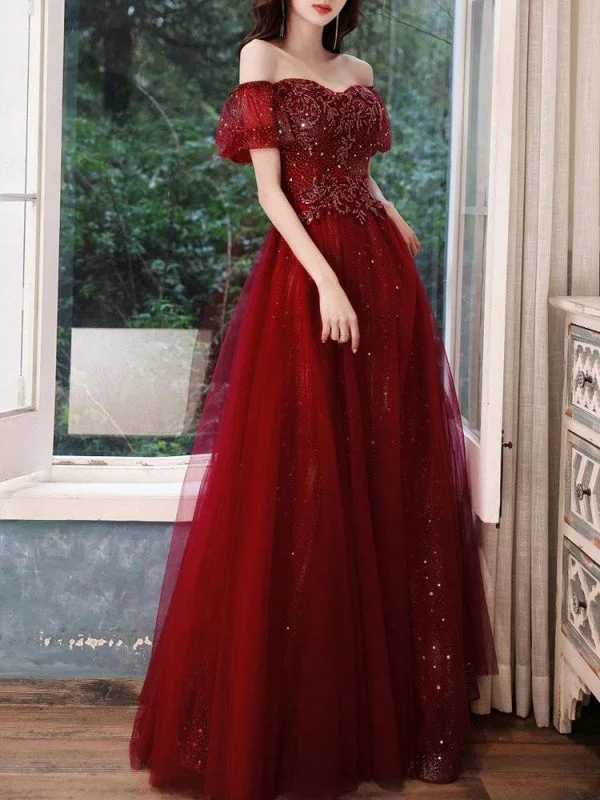 Burgundy Evening Dress A-Line Bateau Neck Sleeveless Floor-Length Lace-Up Formal Dinner Dresses Tunics Versatile stylish