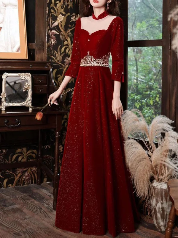 Burgundy Evening Dress A-Line High Collar Long Sleeves Korean Velvet Sequined Floor-Length Applique Social Pageant Dresses Tunics Office stylish