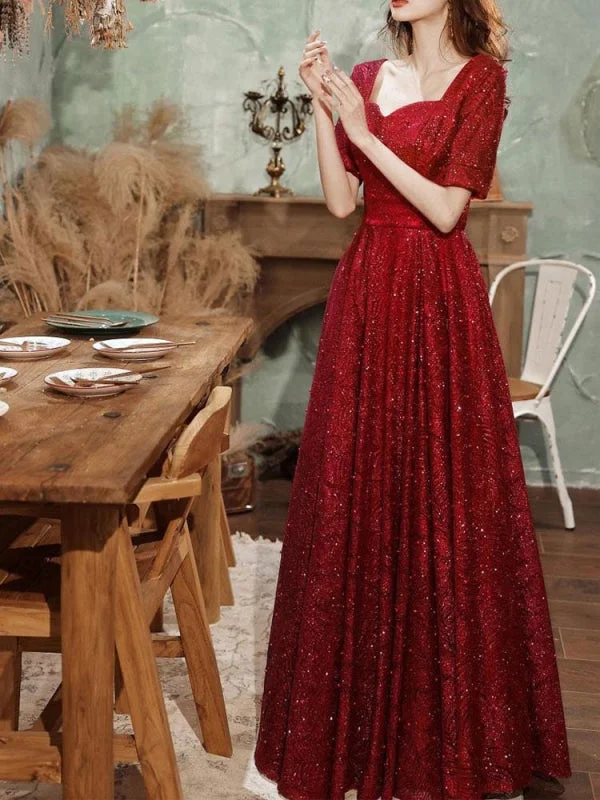 Burgundy Evening Dress A-Line V-Neck Half Sleeves Lace Floor-Length Formal Dinner Dresses Evening Dress Tunics Recommended stylist