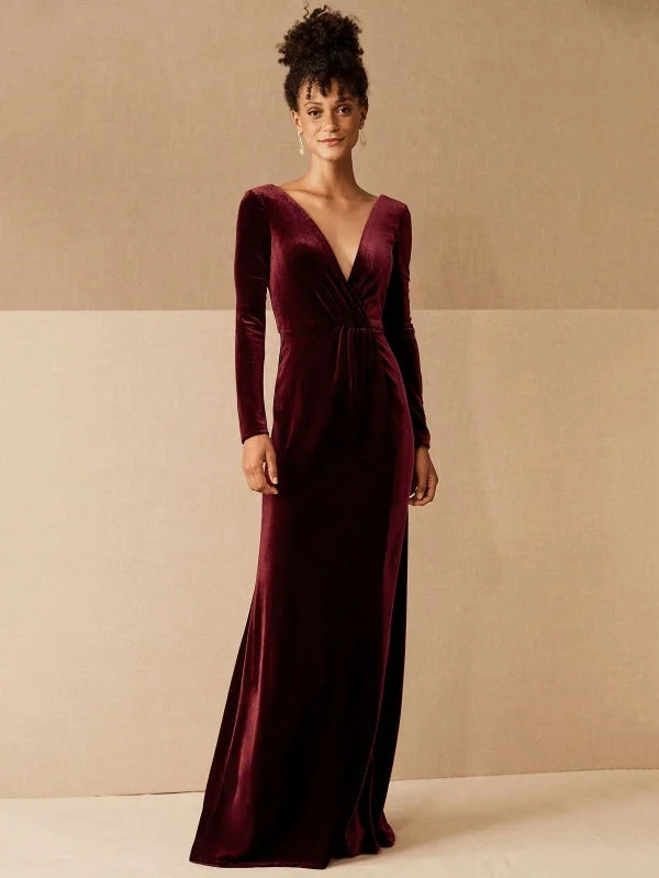 Burgundy Evening Dress A-Line V-Neck Long Sleeve Velour Floor-Length Formal Party Dresses Tunics stripes playful