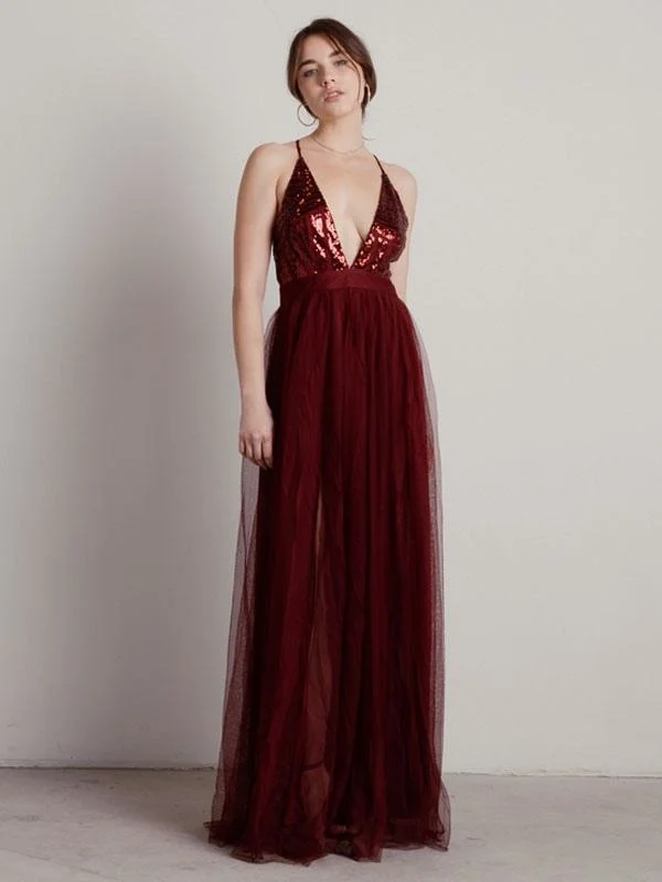 Burgundy Evening Dress A-Line V-Neck Tulle Floor-Length Pleated Maxi Formal Party Dresses Tunics Evening elegant