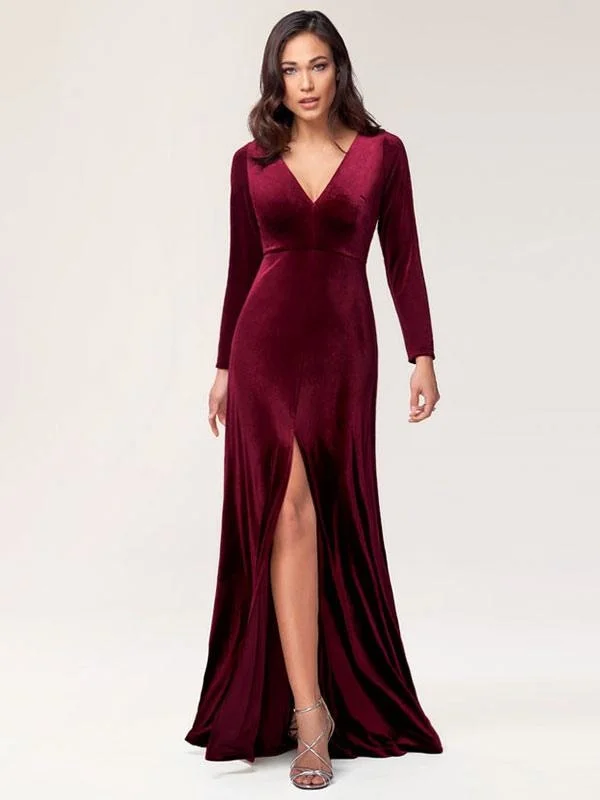 Burgundy Evening Dress Sheath Long Sleeve V-Neck Velour Social Party Dresses Satin Halter Glamorous