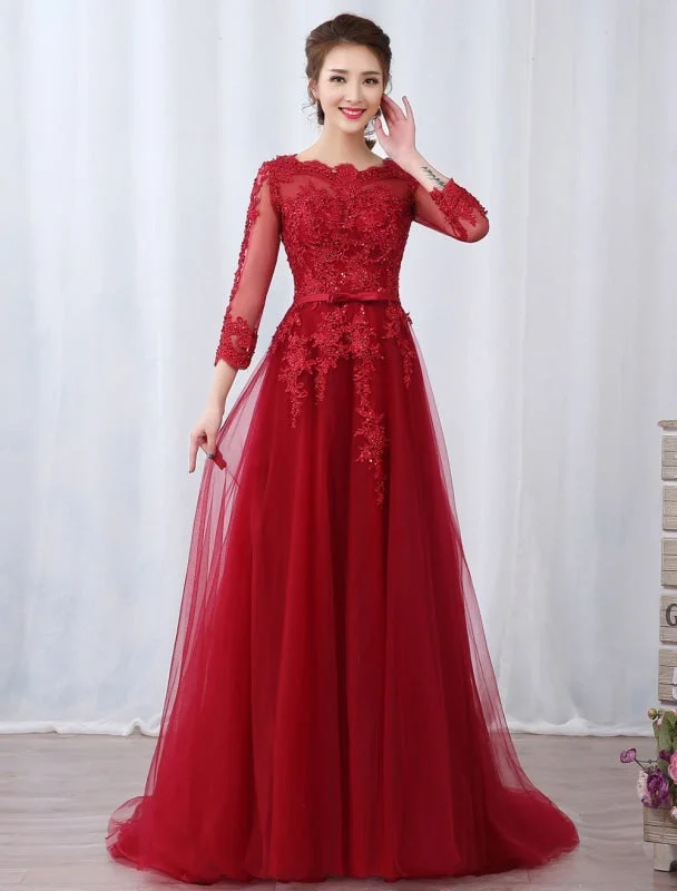 Burgundy Evening Dresses Long Sleeve Lace Applique Beaded Formal Gown With Train Tunics Vintage classic