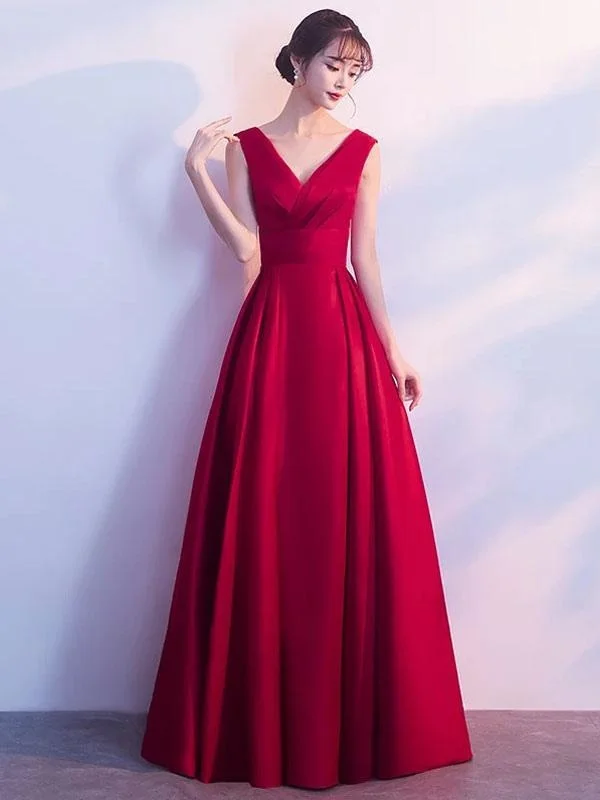 Burgundy Evening Dresses Long V Neck Sleeveless Pleated A Line Floor Length Evening Dress Tunics Versatile functional