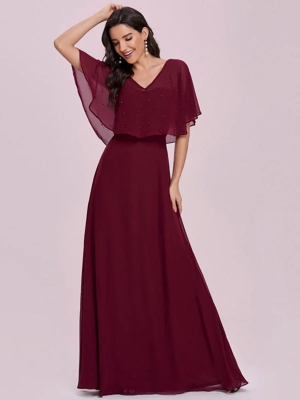 Burgundy Prom Dress A-Line V-Neck Chiffon Half Sleeves Beaded Long Party Dresses Tunics Fashionable trendy