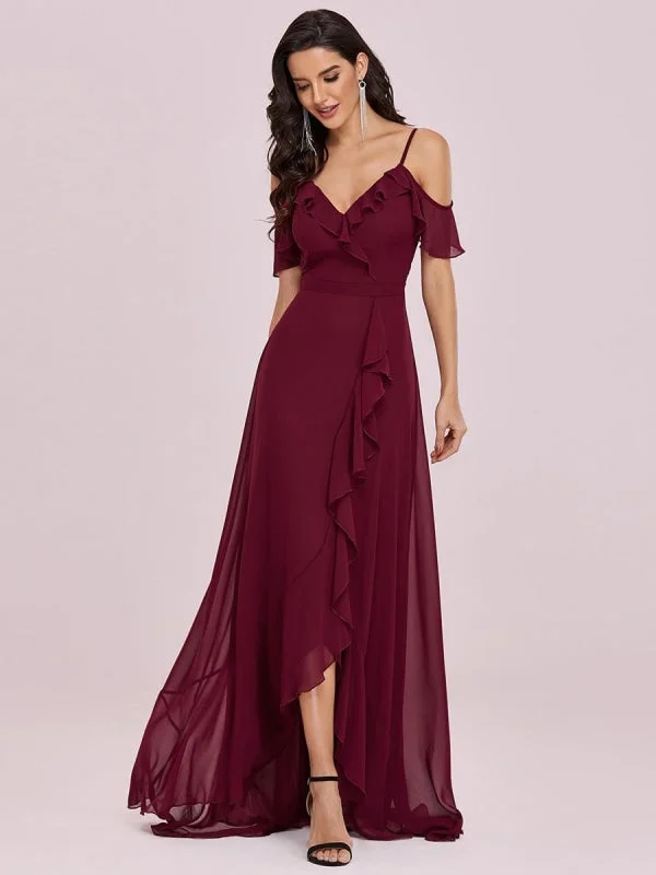 Burgundy Prom Dress V-Neck A-Line Sleeveless Backless Ruffles Split Front Chiffon Maxi Party Dresses Tunics Silk luxurious