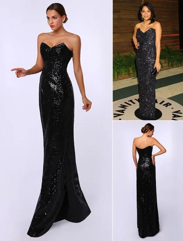 Celebrity Dresses Sheath Black Sequined Sweetheart Neck Evening Dress Inspired By Rosario Dawson At Oscar Tunics Stylish elegant