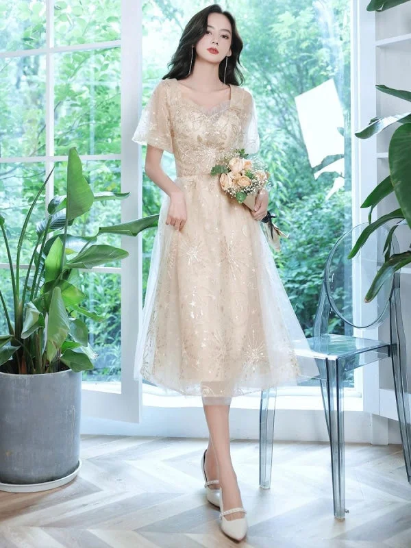 Champagne Evening Dress A-Line Sweetheart Neck Lace Half Sleeves Applique Tea-Length Formal Party Dresses Tunics Hiking breathable