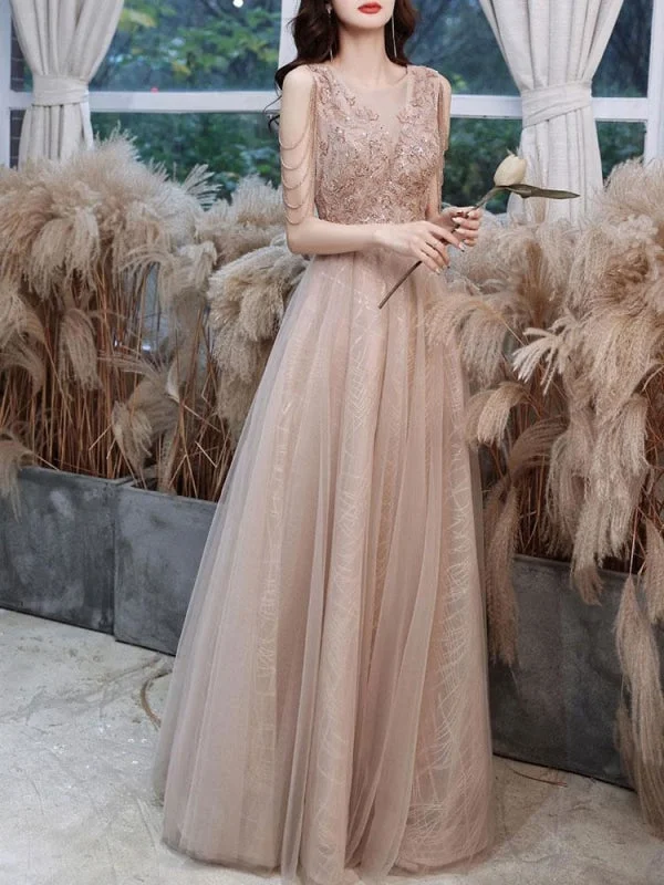 Champagne Evening Dress A-Line V-Neck Sleeveless Lace Up Chains Floor-Length Social Party Dresses Tunics Cozy soft