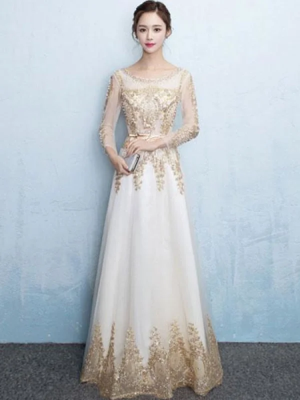 Champagne Evening Dress Lace Beading Long Prom Dress Illusion Long Sleeve A Line Floor Length Formal Dress Wedding Guest Dress Tunics Designer luxury