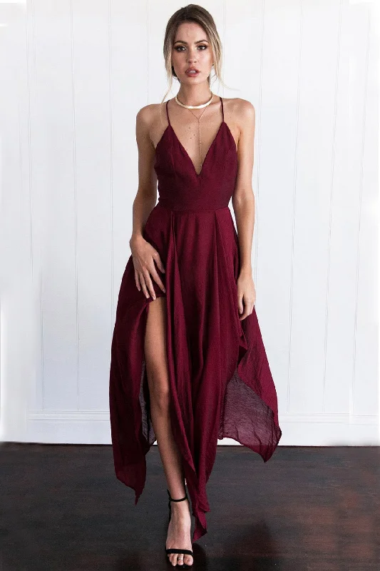 Chiffon Spaghetti Straps V Neck Cross Back Burgundy Assymetrical Hem Long Prom Evening Dress OK629 Tunics Occasion special