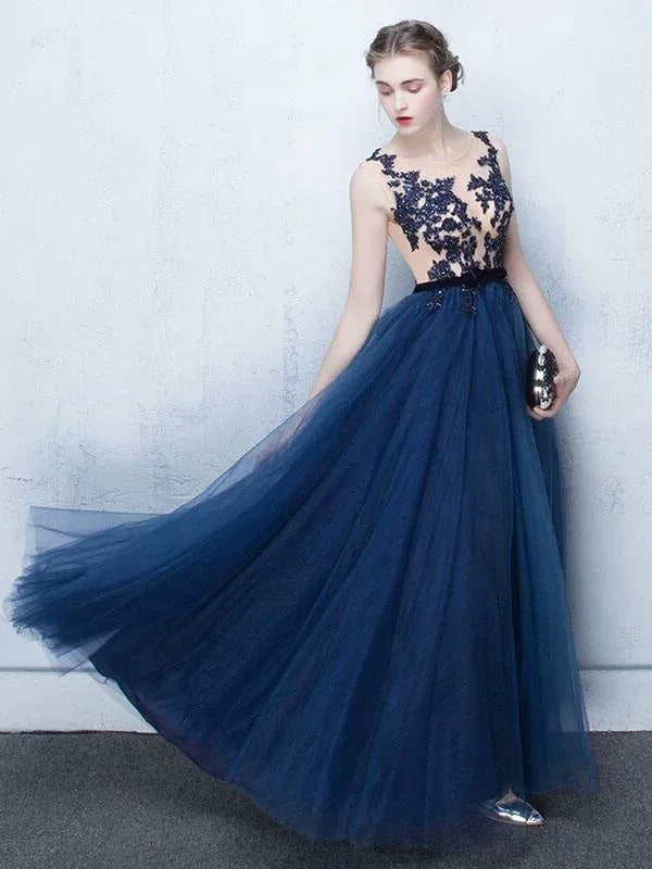 Dark Navy Prom Dresses Long Tulle Evening Dress Lace Illusion Floor Length Formal Dress Tunics Sophisticated sleek