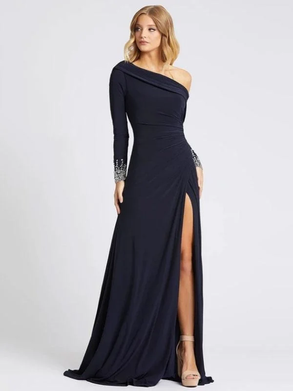 Deep Navy Evening Dress One-Shoulder With Train Long Sleeves Criss-Cross Lycra Spandex Sheath Social Party Dresses Tunics Fall fleece