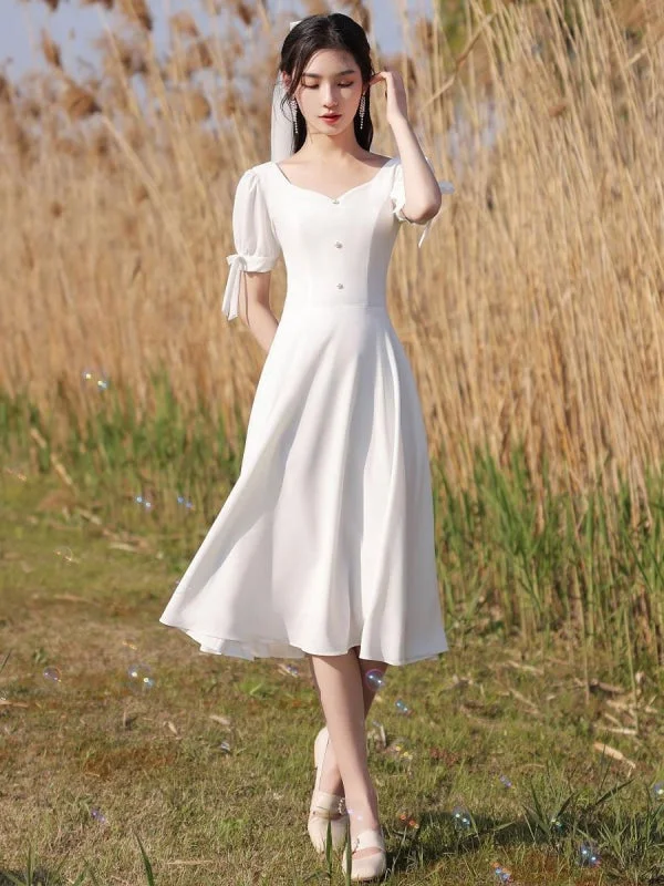 Eric White Evening Dress A-Line Square Neck Half Sleeves Zipper Stretch Crepe Tea-Length Social Party Dresses Tunics Office stylish