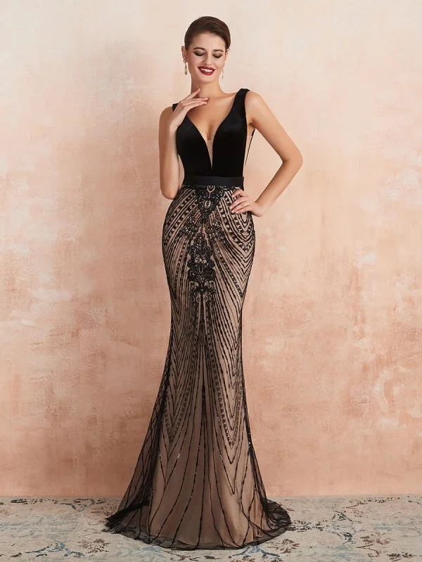 Evening Dress 2021 Mermaid Black Beaded Sleeveless V Neck Formal Party Dresses With Train Tunics Distressed trendy