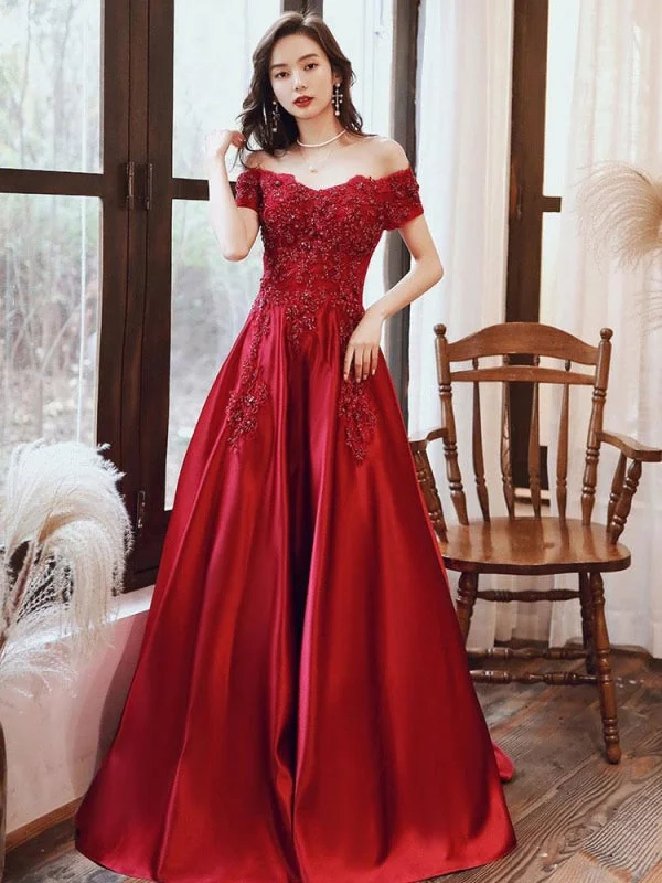 Evening Dress A-Line Bateau Neck Floor-Length Short Sleeves Lace-Up Beaded Matte Satin Prom Dress sweetheart Neckline Romantic