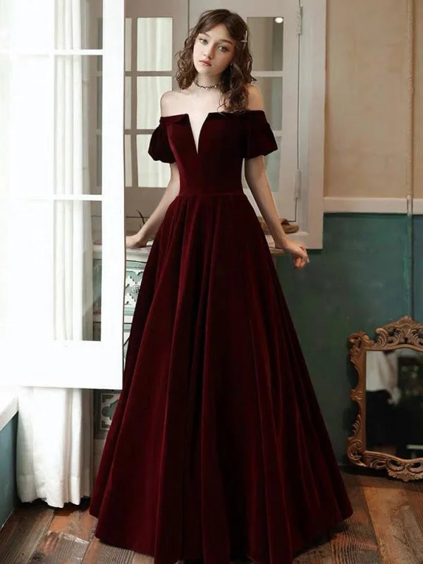 Evening Dress A Line Off The Shoulder Short Sleeves Floor Length Laceup Pockets Velour Formal Dinner Dresses Boat Neckline Classic