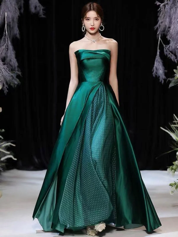 Evening Dress A-Line Strapless Satin Fabric Floor-Length Pleated Formal Party Dresses Forest Green Pageant Dress Tunics Wedding white