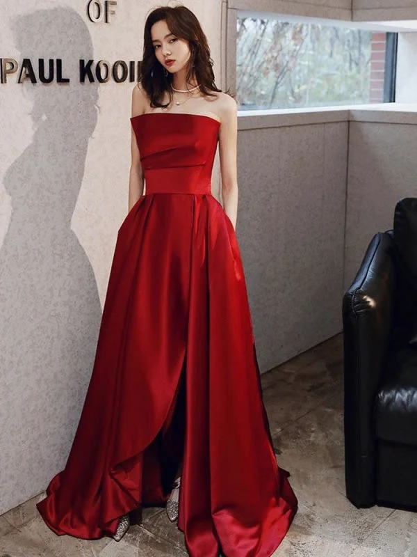 Evening Dress A-Line Strapless Satin Fabric Floor-Length Pleated Social Prom Dress Tunics Fleece cozy