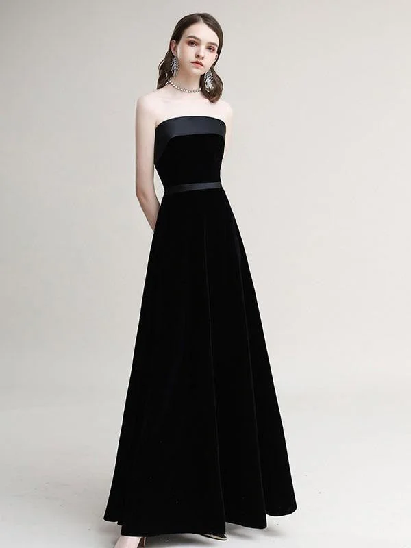 Evening Dress A-Line Strapless Velour Floor-Length Sash Prom Dress Tunics Chic elegant