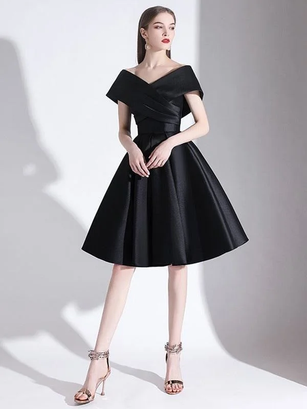 Evening Dress A-Line V-Neck Knee-Length Short Sleeves Lace-Up Pleated Satin Fabric Cocktail Dress Little Black Dress Tunics Mesh breathable