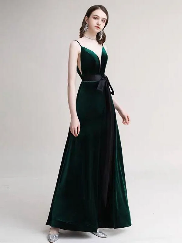 Evening Dress A Line V Neck Velour Floor Length Sash Social Pageant Dresses Tunics Travel practical