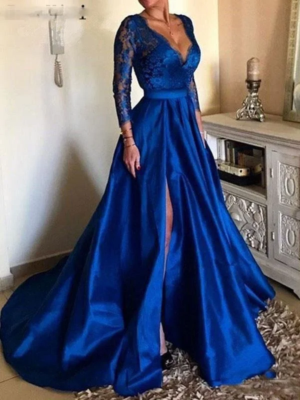 Evening Dress Ball Gown V Neck 3/4 Length Sleeves Zipper Lace Satin Fabric Social Party Dresses With Train Tunics Fleece cozy