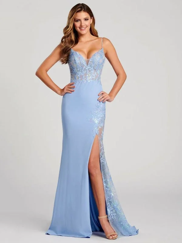 Evening Dress Ball Gown V-Neck Backless Polyester Floor-Length Applique Light Sky Blue Formal Party Dresses Pencil Length Work