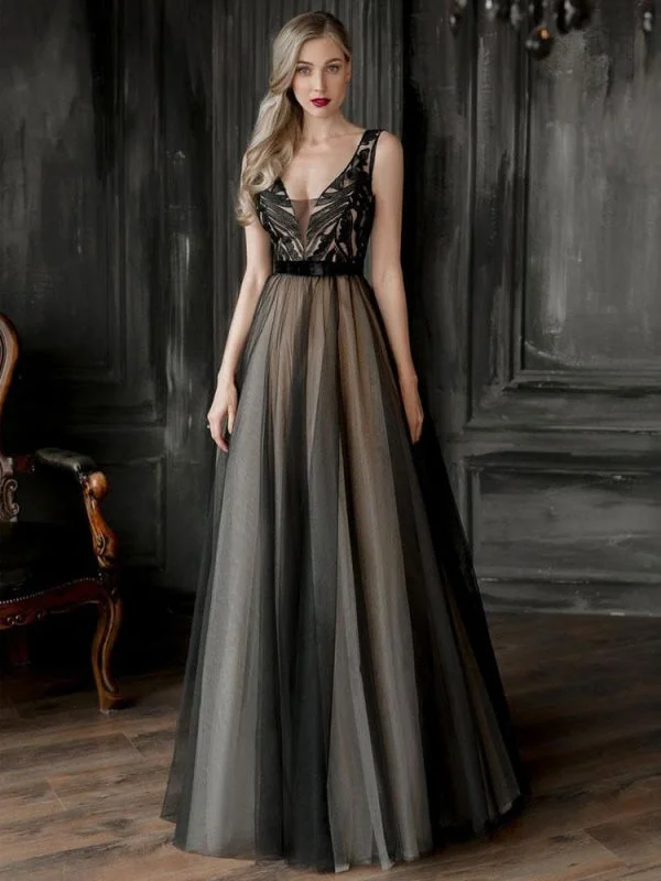 Evening Dress Black A-Line V-Neck Sleeveless Zipper Lace Tulle Floor-Length Formal Party Dresses Tunics Winter warm