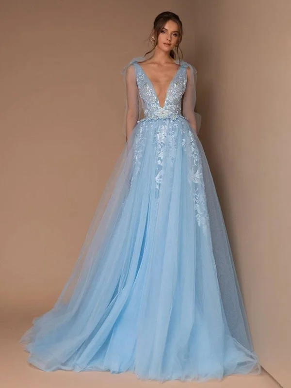 Evening Dress Blue A-Line V-Neck Sleeveless Lace Floor-Length Formal Party Dresses With Train Glittery Long Formal