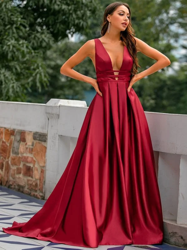 Evening Dress Burgundy A-Line V-Neck Backless Satin Fabric With Train Long Formal Party Dresses Sequined Elegant Party