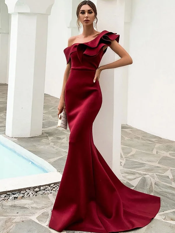 Evening Dress Burgundy Mermaid One-Shoulder With Train Sleeveless Backless Satin Fabric Social Party Dresses Tunics Floral girly