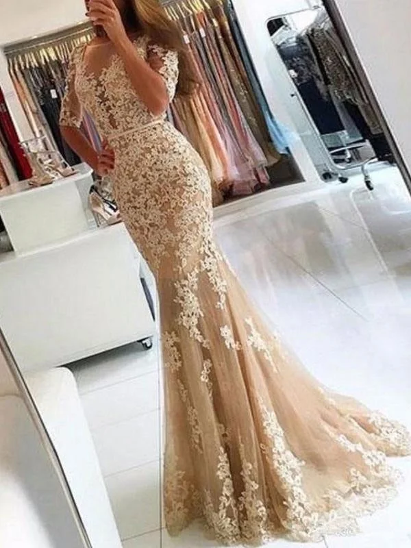 Evening Dress Mermaid Illusion Neckline Lace Applique Formal Party Dresses With Train Tunics Canvas sturdy